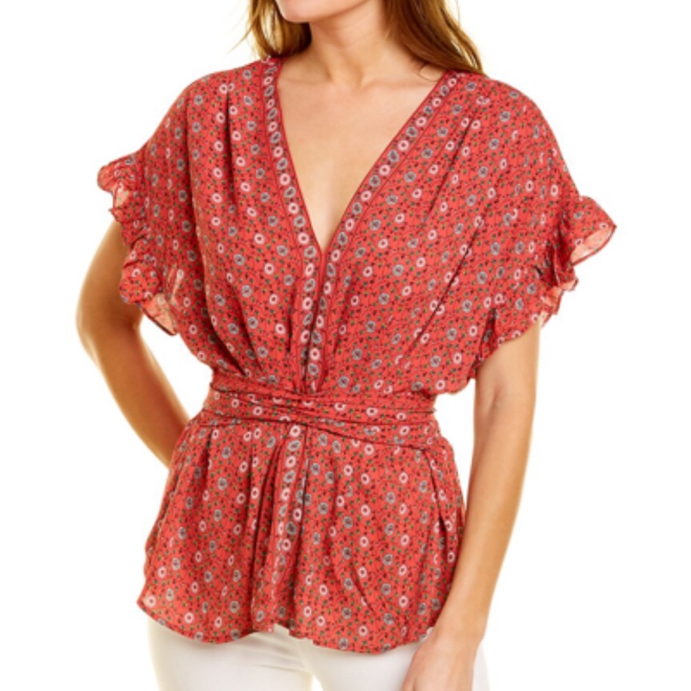 MAX Studio boho top V neck tie front, elastic back, pink floral print